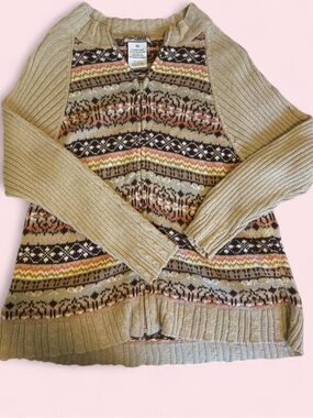 Tiara Beige Fair Isle Zip Cardigan with Multicolor Accents
